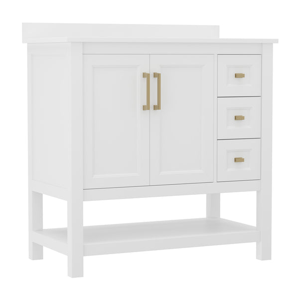 White Frame/Gold Hardware,36" |#| 36 Inch Bathroom Vanity with Sink, Open Storage, and Storage Drawers in Wht/Gold