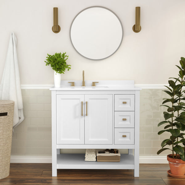 White Frame/Gold Hardware,36" |#| 36 Inch Bathroom Vanity with Sink, Open Storage, and Storage Drawers in Wht/Gold
