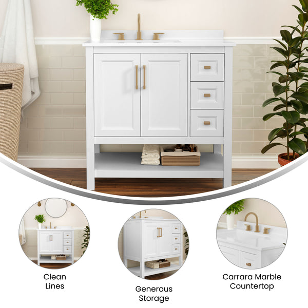White Frame/Gold Hardware,36" |#| 36 Inch Bathroom Vanity with Sink, Open Storage, and Storage Drawers in Wht/Gold