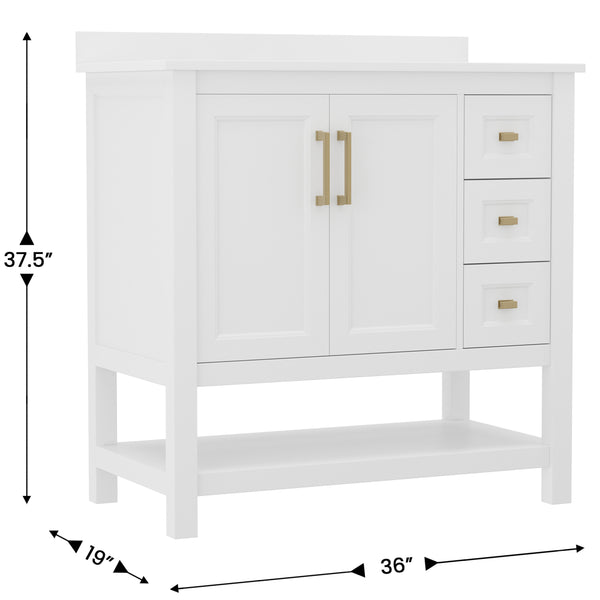 White Frame/Gold Hardware,36" |#| 36 Inch Bathroom Vanity with Sink, Open Storage, and Storage Drawers in Wht/Gold