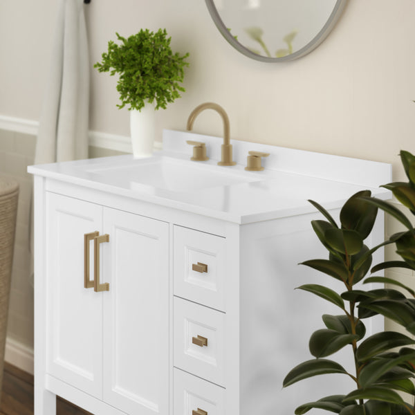 White Frame/Gold Hardware,36" |#| 36 Inch Bathroom Vanity with Sink, Open Storage, and Storage Drawers in Wht/Gold