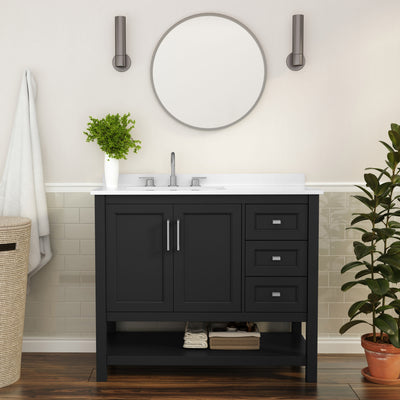 Vega Bathroom Vanity with Sink, Storage Cabinet with Soft Close Doors, Open Shelf and 3 Drawers, Carrara Marble Finish Countertop - View 2