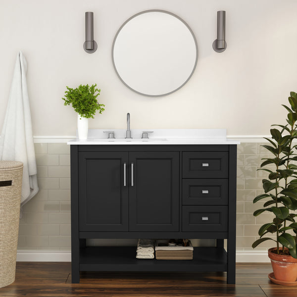 Black Frame/Nickel Hardware,42" |#| 42 Inch Bathroom Vanity with Sink, Open Storage, and Storage Drawers in Black