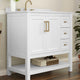 White Frame/Gold Hardware,36" |#| 36 Inch Bathroom Vanity with Sink, Open Storage, and Storage Drawers in Wht/Gold