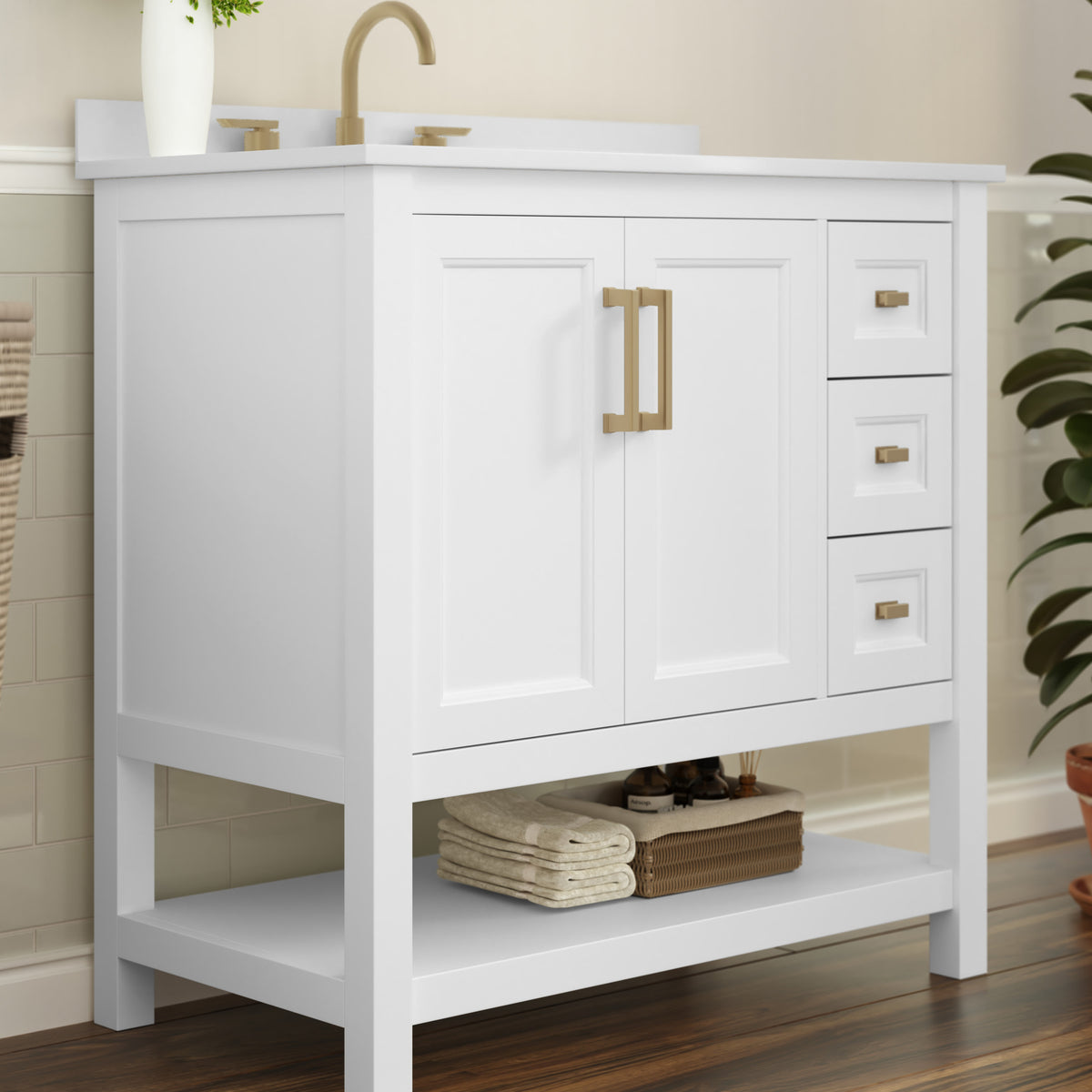 White Frame/Gold Hardware,36" |#| 36 Inch Bathroom Vanity with Sink, Open Storage, and Storage Drawers in Wht/Gold