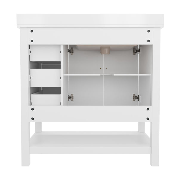 White Frame/Gold Hardware,36" |#| 36 Inch Bathroom Vanity with Sink, Open Storage, and Storage Drawers in Wht/Gold