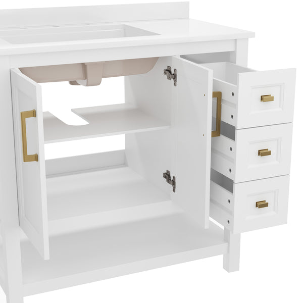 White Frame/Gold Hardware,36" |#| 36 Inch Bathroom Vanity with Sink, Open Storage, and Storage Drawers in Wht/Gold