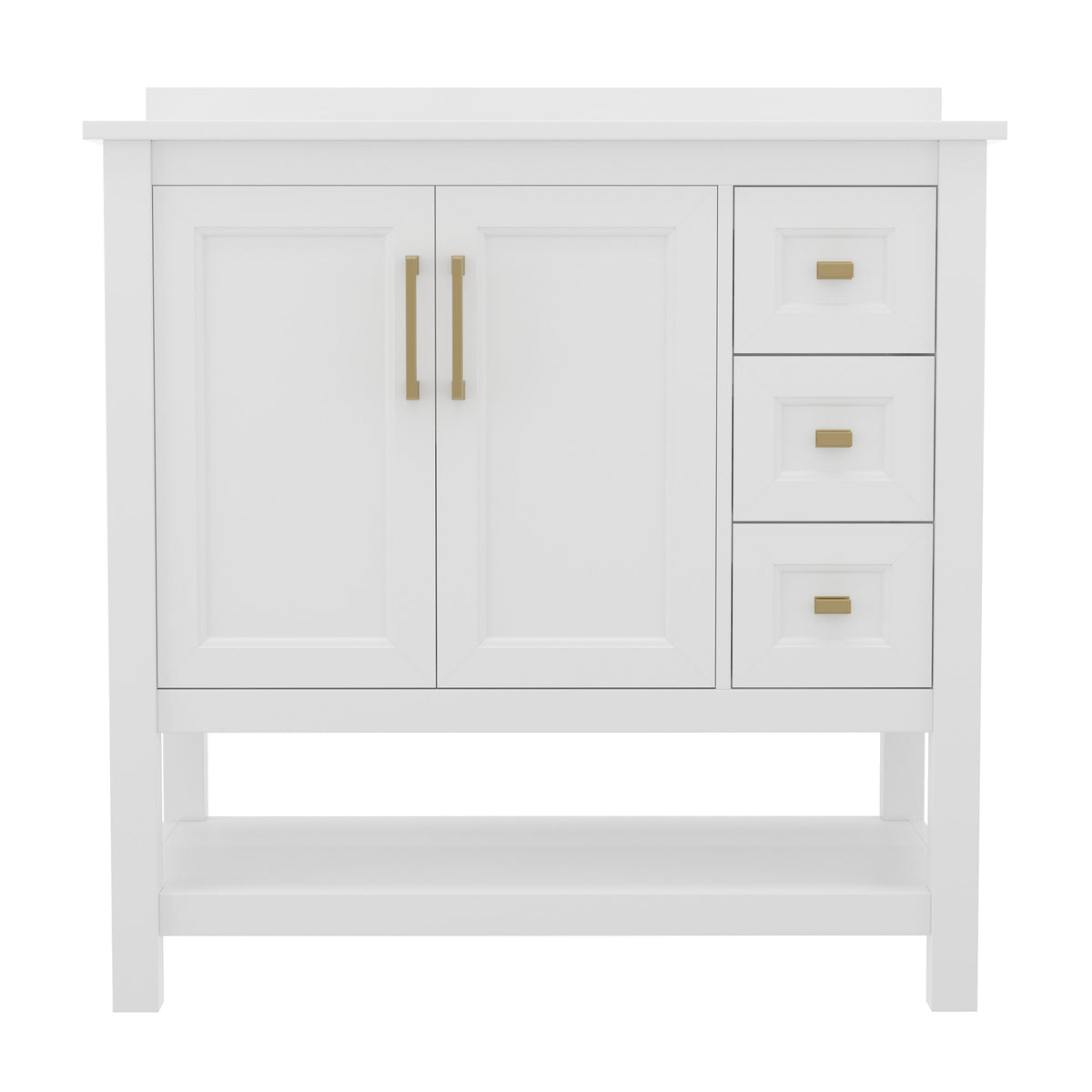 White Frame/Gold Hardware,36" |#| 36 Inch Bathroom Vanity with Sink, Open Storage, and Storage Drawers in Wht/Gold