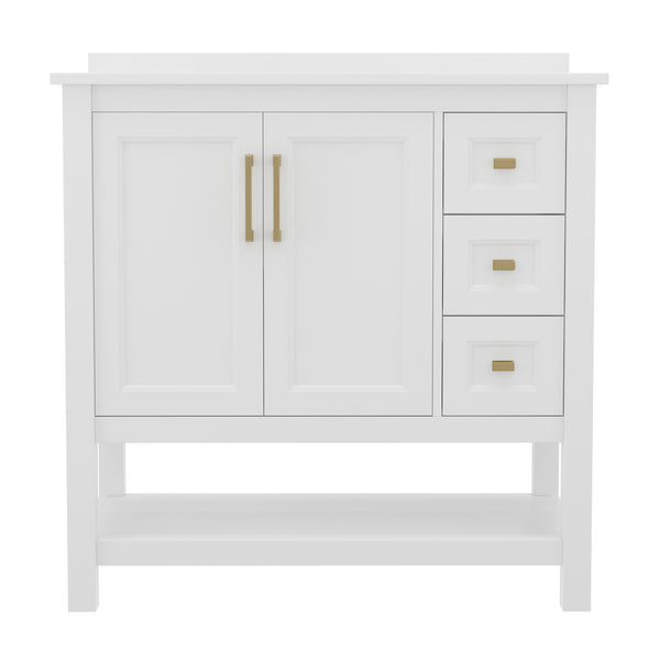 White Frame/Gold Hardware,36" |#| 36 Inch Bathroom Vanity with Sink, Open Storage, and Storage Drawers in Wht/Gold