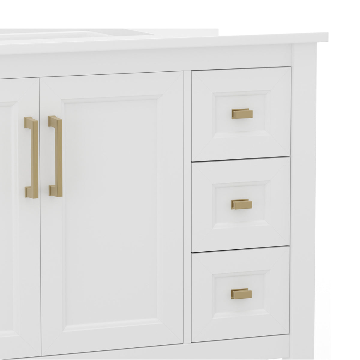 White Frame/Gold Hardware,36" |#| 36 Inch Bathroom Vanity with Sink, Open Storage, and Storage Drawers in Wht/Gold