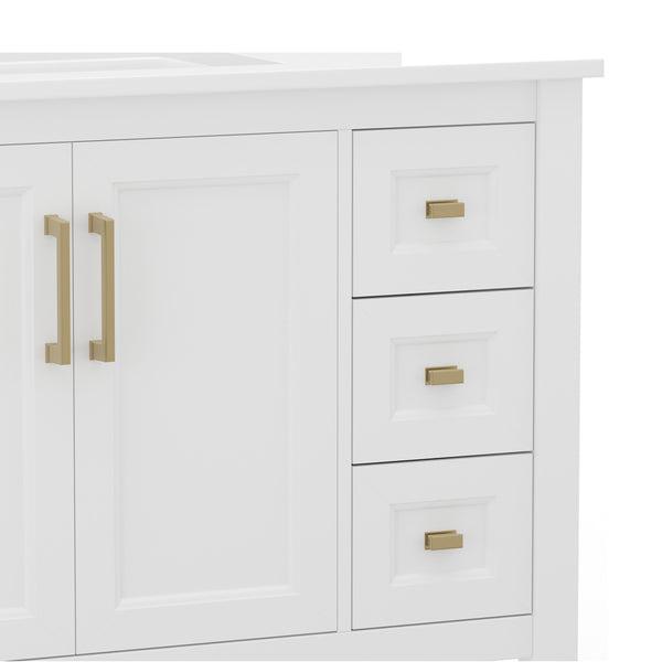 White Frame/Gold Hardware,36" |#| 36 Inch Bathroom Vanity with Sink, Open Storage, and Storage Drawers in Wht/Gold