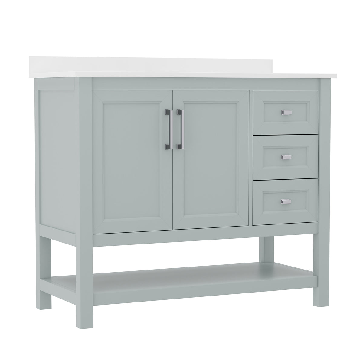 Sage Frame/Nickel Hardware,42" |#| 42 Inch Bathroom Vanity with Sink, Open Storage, and Storage Drawers in Sage