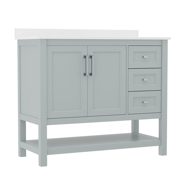 Sage Frame/Nickel Hardware,42" |#| 42 Inch Bathroom Vanity with Sink, Open Storage, and Storage Drawers in Sage
