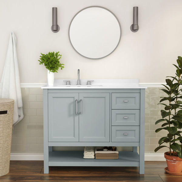 Sage Frame/Nickel Hardware,42" |#| 42 Inch Bathroom Vanity with Sink, Open Storage, and Storage Drawers in Sage