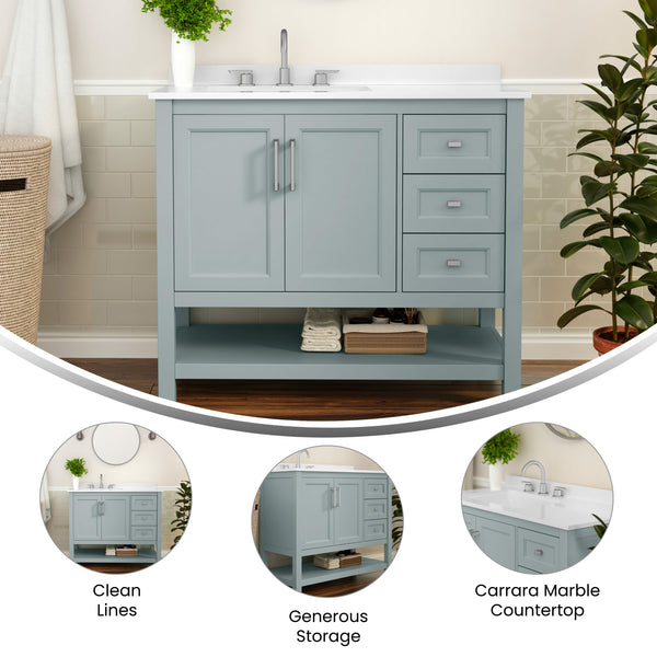 Sage Frame/Nickel Hardware,42" |#| 42 Inch Bathroom Vanity with Sink, Open Storage, and Storage Drawers in Sage