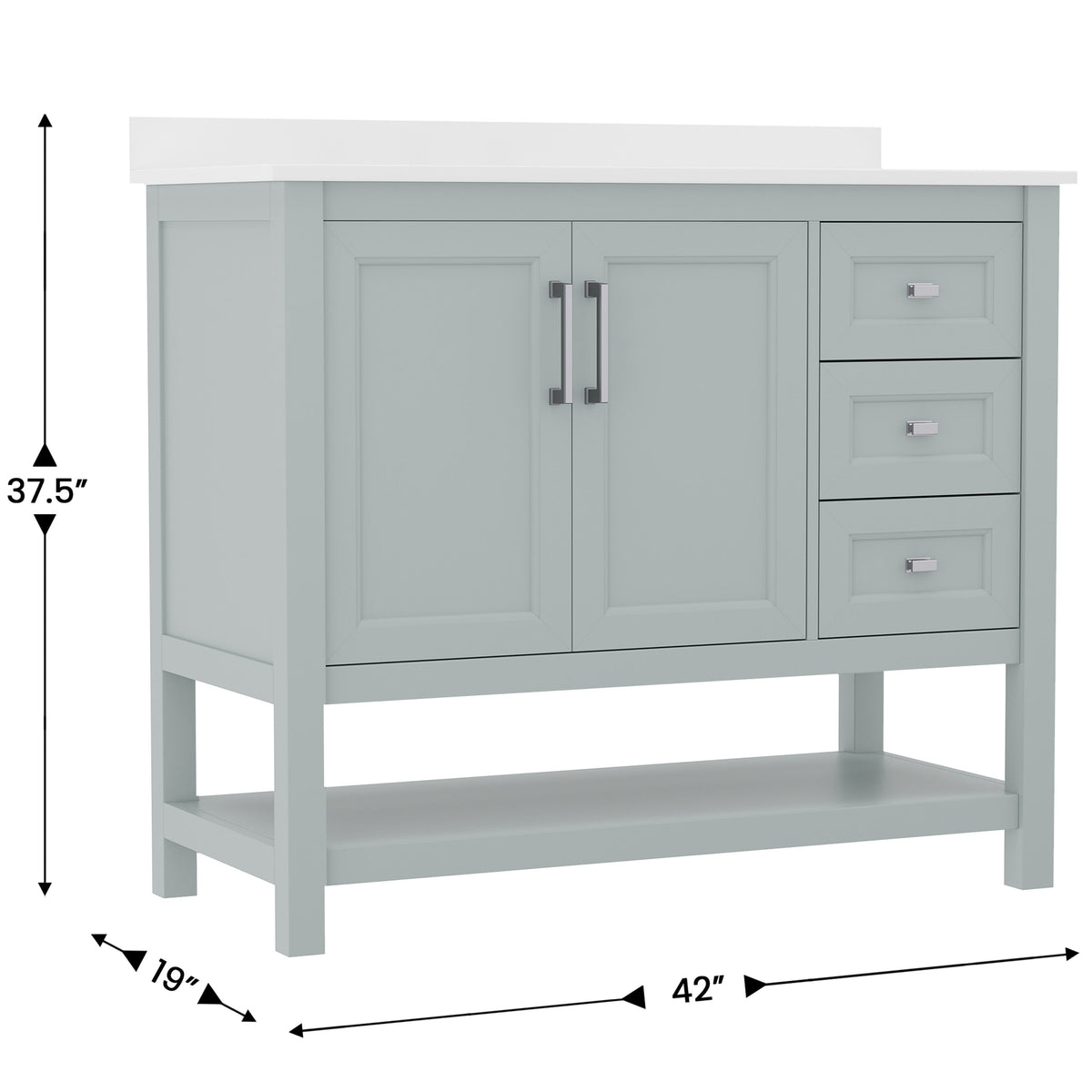 Sage Frame/Nickel Hardware,42" |#| 42 Inch Bathroom Vanity with Sink, Open Storage, and Storage Drawers in Sage