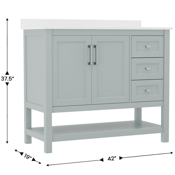 Sage Frame/Nickel Hardware,42" |#| 42 Inch Bathroom Vanity with Sink, Open Storage, and Storage Drawers in Sage