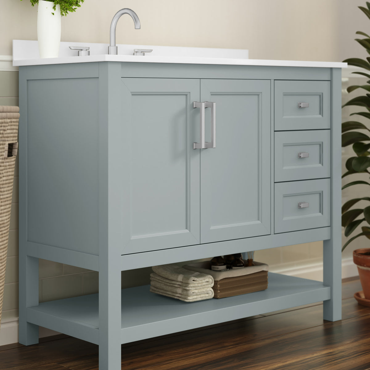 Sage Frame/Nickel Hardware,42" |#| 42 Inch Bathroom Vanity with Sink, Open Storage, and Storage Drawers in Sage