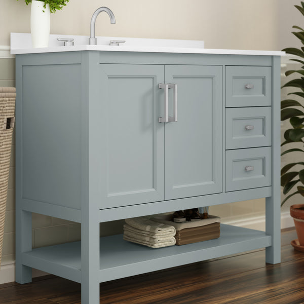 Sage Frame/Nickel Hardware,42" |#| 42 Inch Bathroom Vanity with Sink, Open Storage, and Storage Drawers in Sage