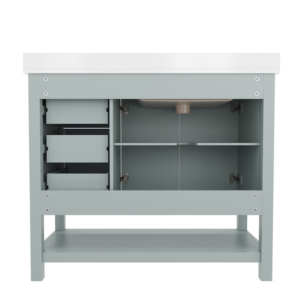 Sage Frame/Nickel Hardware,42" |#| 42 Inch Bathroom Vanity with Sink, Open Storage, and Storage Drawers in Sage