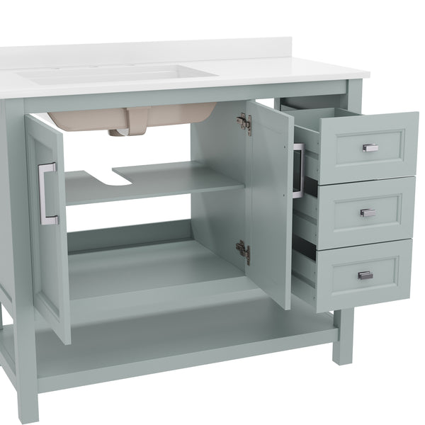 Sage Frame/Nickel Hardware,42" |#| 42 Inch Bathroom Vanity with Sink, Open Storage, and Storage Drawers in Sage