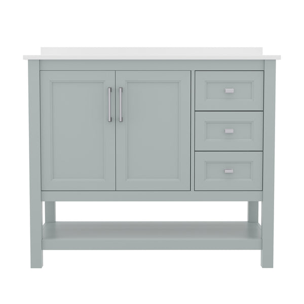 Sage Frame/Nickel Hardware,42" |#| 42 Inch Bathroom Vanity with Sink, Open Storage, and Storage Drawers in Sage