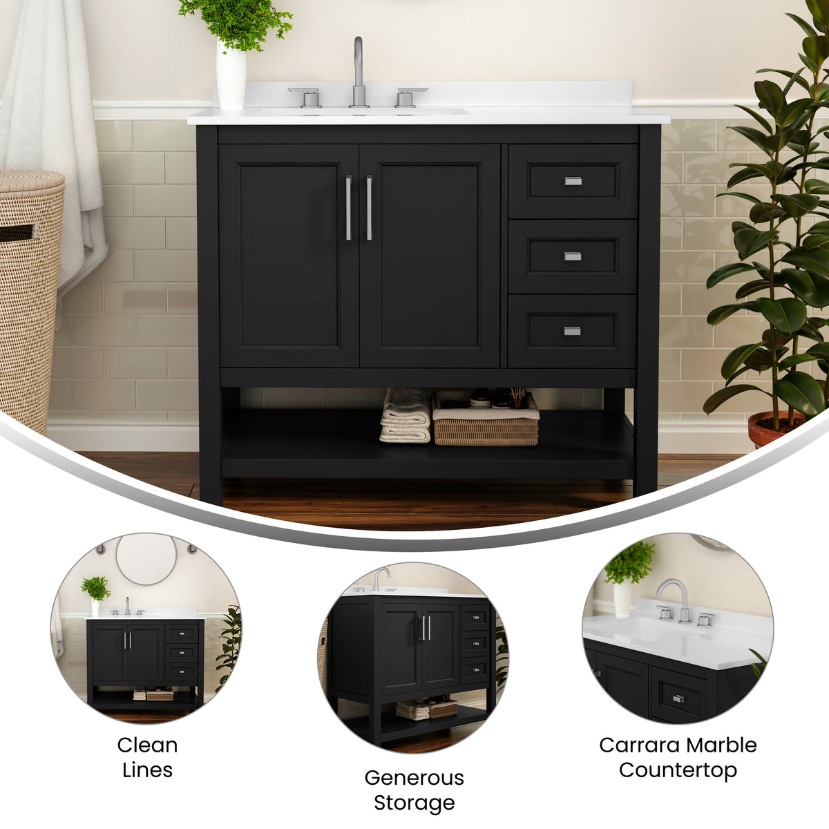 Black Frame/Nickel Hardware,42" |#| 42 Inch Bathroom Vanity with Sink, Open Storage, and Storage Drawers in Black
