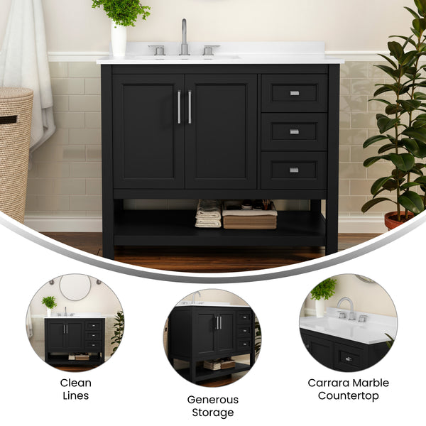 Black Frame/Nickel Hardware,42" |#| 42 Inch Bathroom Vanity with Sink, Open Storage, and Storage Drawers in Black