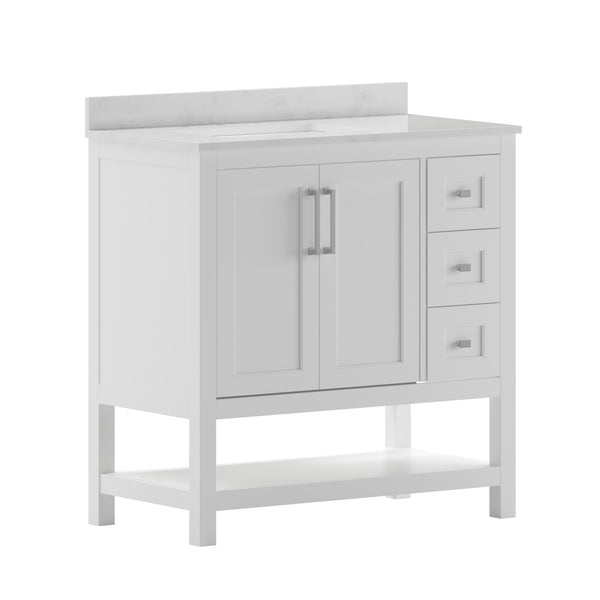 White,36" |#| 36 Inch Bathroom Vanity with Sink, Open Storage, and Storage Drawers in White