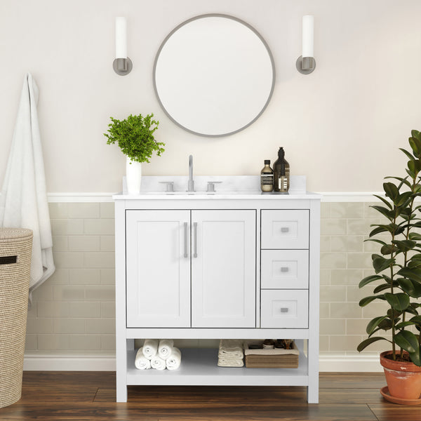 White,36" |#| 36 Inch Bathroom Vanity with Sink, Open Storage, and Storage Drawers in White