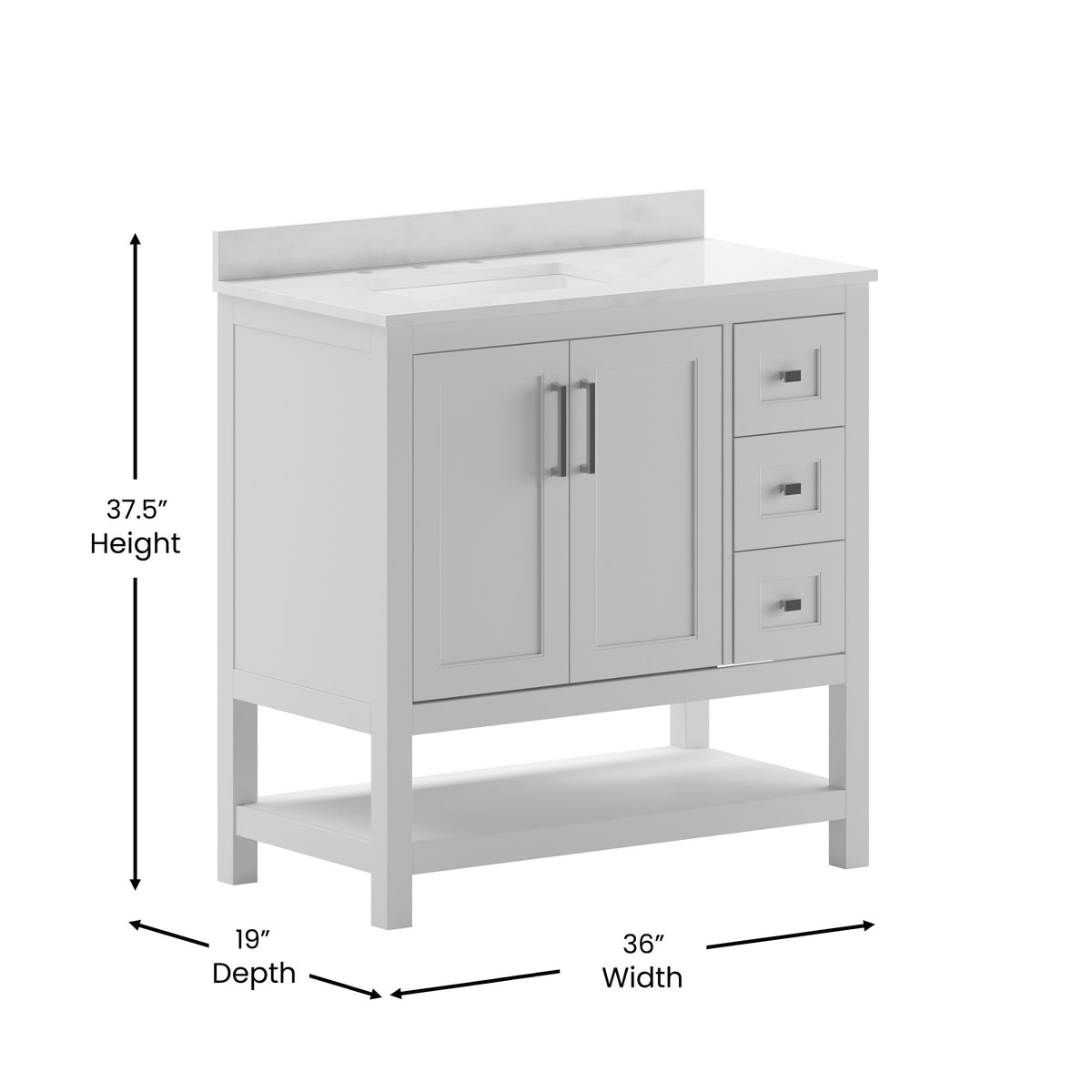 White,36" |#| 36 Inch Bathroom Vanity with Sink, Open Storage, and Storage Drawers in White