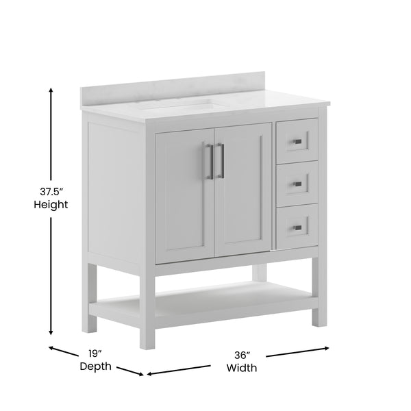 White,36" |#| 36 Inch Bathroom Vanity with Sink, Open Storage, and Storage Drawers in White