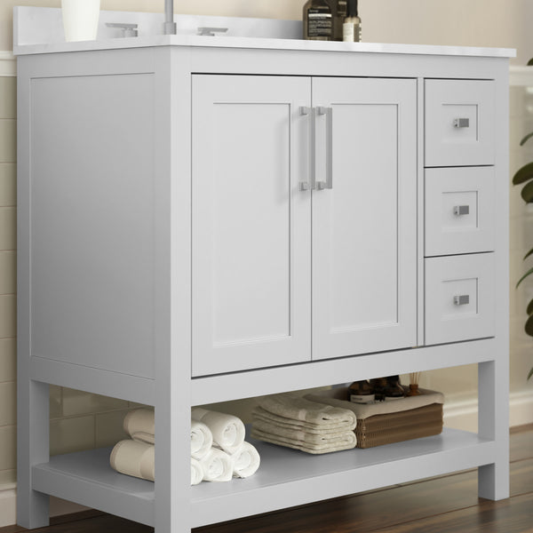 White,36" |#| 36 Inch Bathroom Vanity with Sink, Open Storage, and Storage Drawers in White