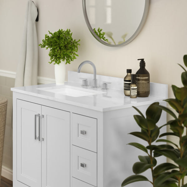 White,36" |#| 36 Inch Bathroom Vanity with Sink, Open Storage, and Storage Drawers in White