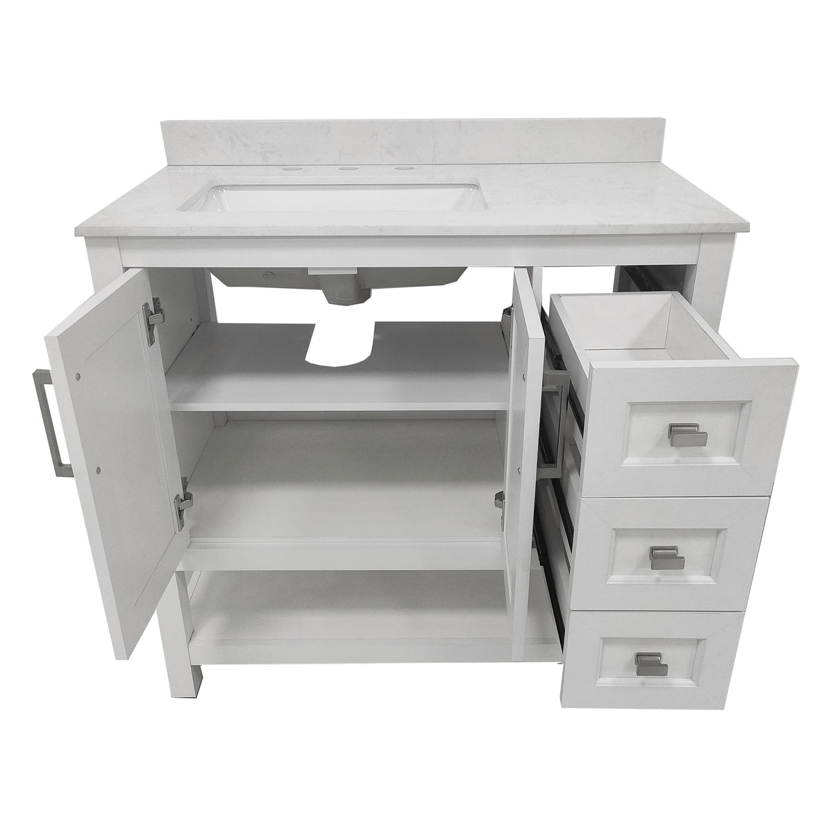 White,36" |#| 36 Inch Bathroom Vanity with Sink, Open Storage, and Storage Drawers in White