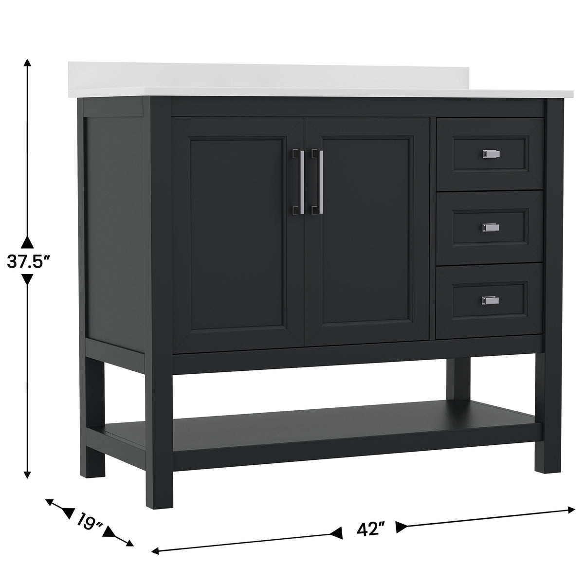 Black Frame/Nickel Hardware,42" |#| 42 Inch Bathroom Vanity with Sink, Open Storage, and Storage Drawers in Black
