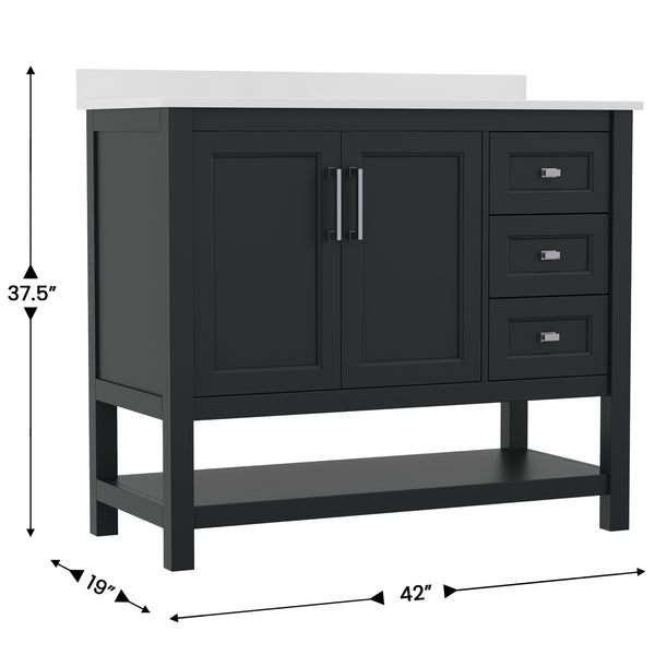 Black Frame/Nickel Hardware,42" |#| 42 Inch Bathroom Vanity with Sink, Open Storage, and Storage Drawers in Black