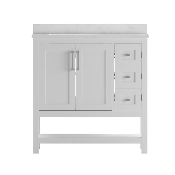 White,36" |#| 36 Inch Bathroom Vanity with Sink, Open Storage, and Storage Drawers in White