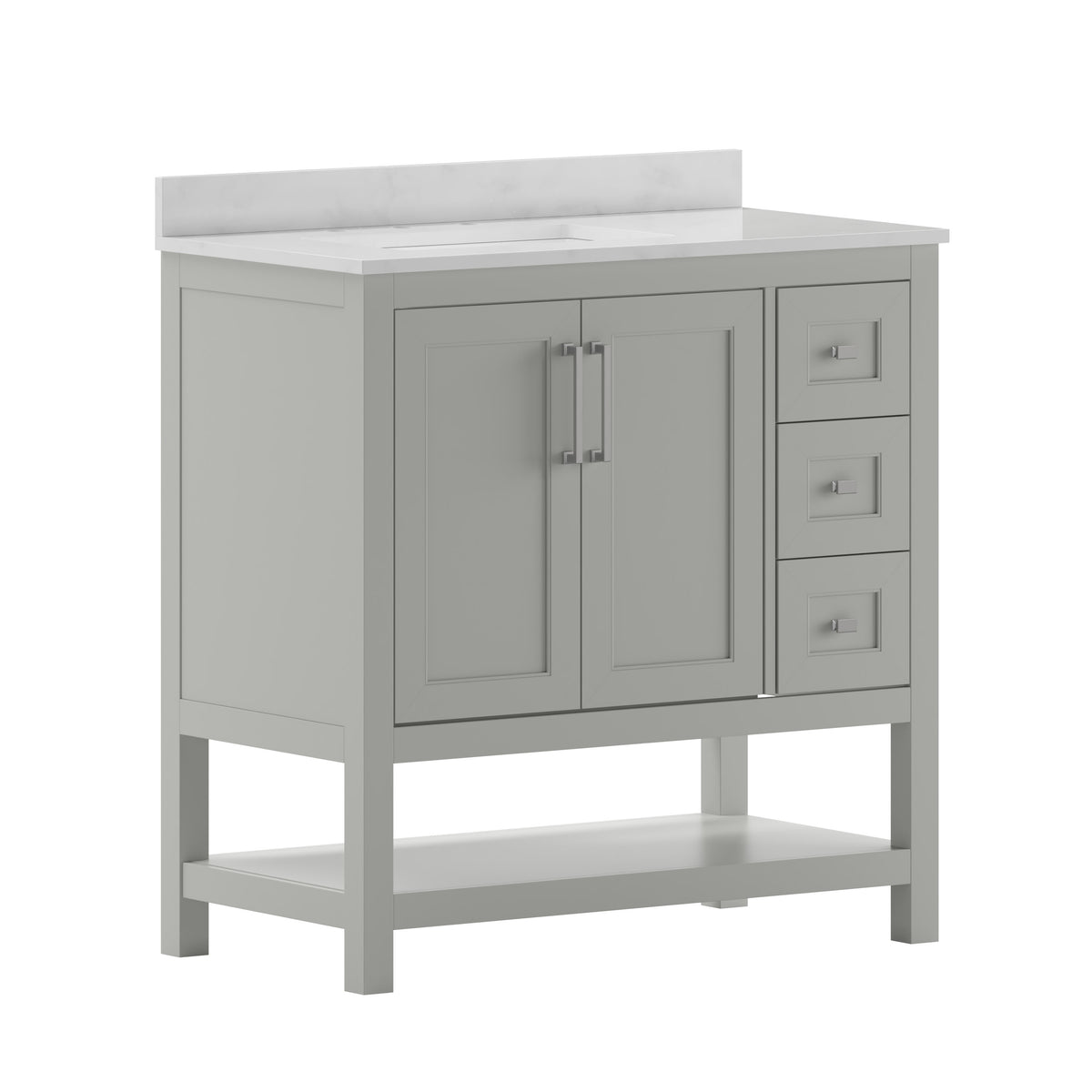 Gray,36" |#| 36 Inch Bathroom Vanity with Sink, Open Storage, and Storage Drawers in Gray