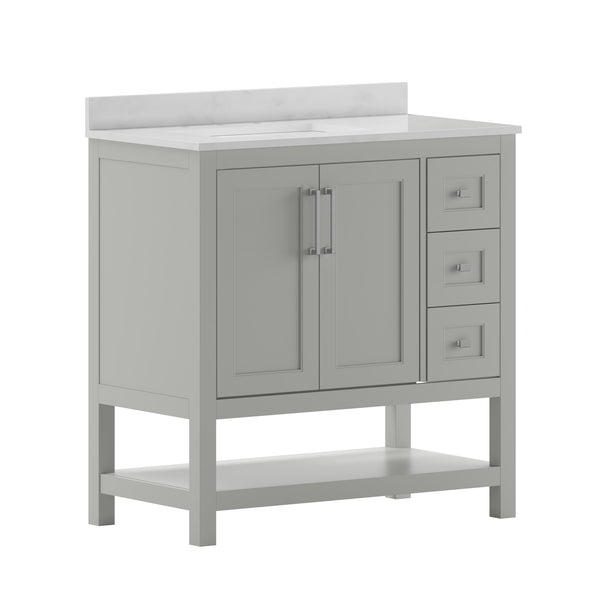 Gray,36" |#| 36 Inch Bathroom Vanity with Sink, Open Storage, and Storage Drawers in Gray