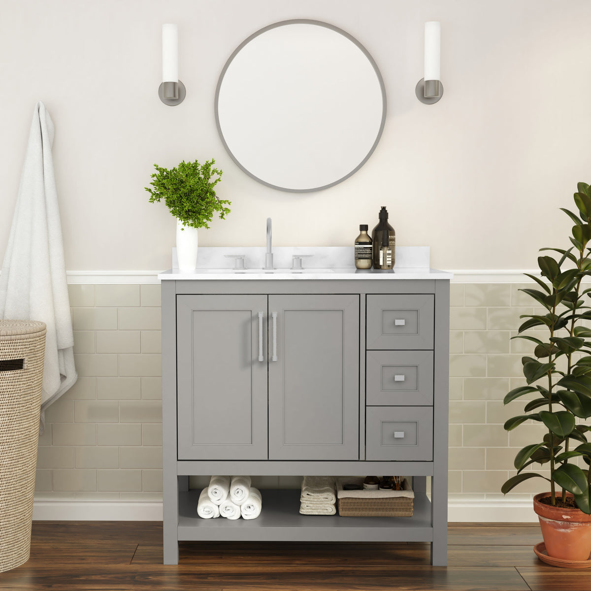 Gray,36" |#| 36 Inch Bathroom Vanity with Sink, Open Storage, and Storage Drawers in Gray