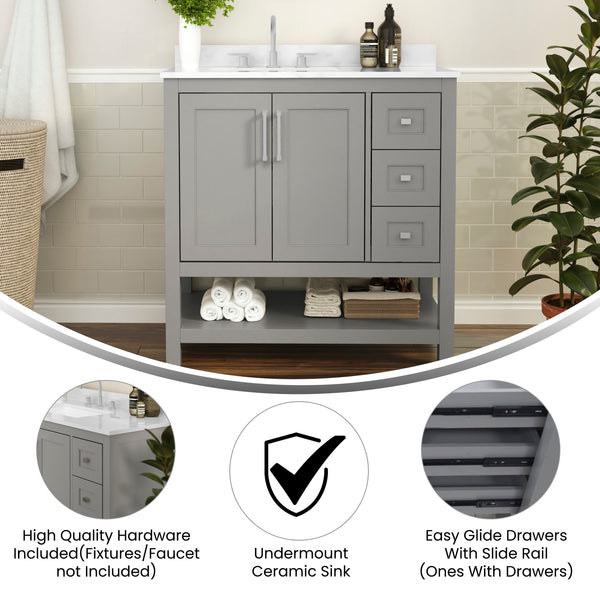 Gray,36" |#| 36 Inch Bathroom Vanity with Sink, Open Storage, and Storage Drawers in Gray
