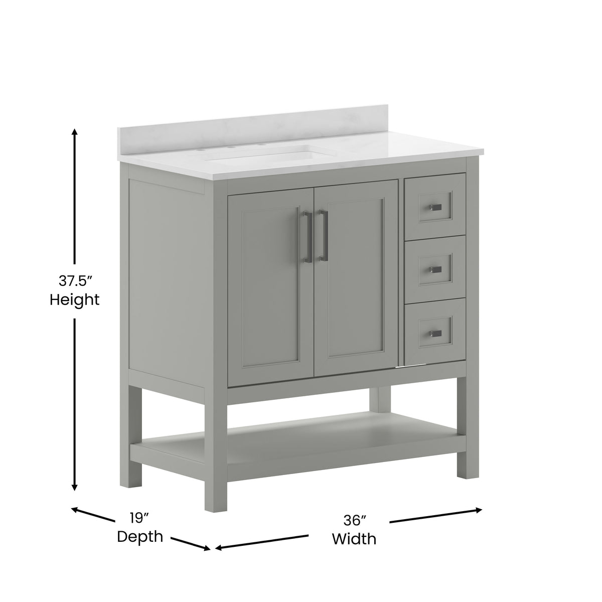 Gray,36" |#| 36 Inch Bathroom Vanity with Sink, Open Storage, and Storage Drawers in Gray