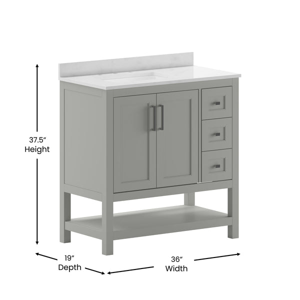 Gray,36" |#| 36 Inch Bathroom Vanity with Sink, Open Storage, and Storage Drawers in Gray