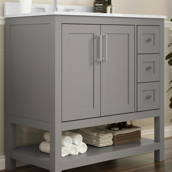 Gray,36" |#| 36 Inch Bathroom Vanity with Sink, Open Storage, and Storage Drawers in Gray