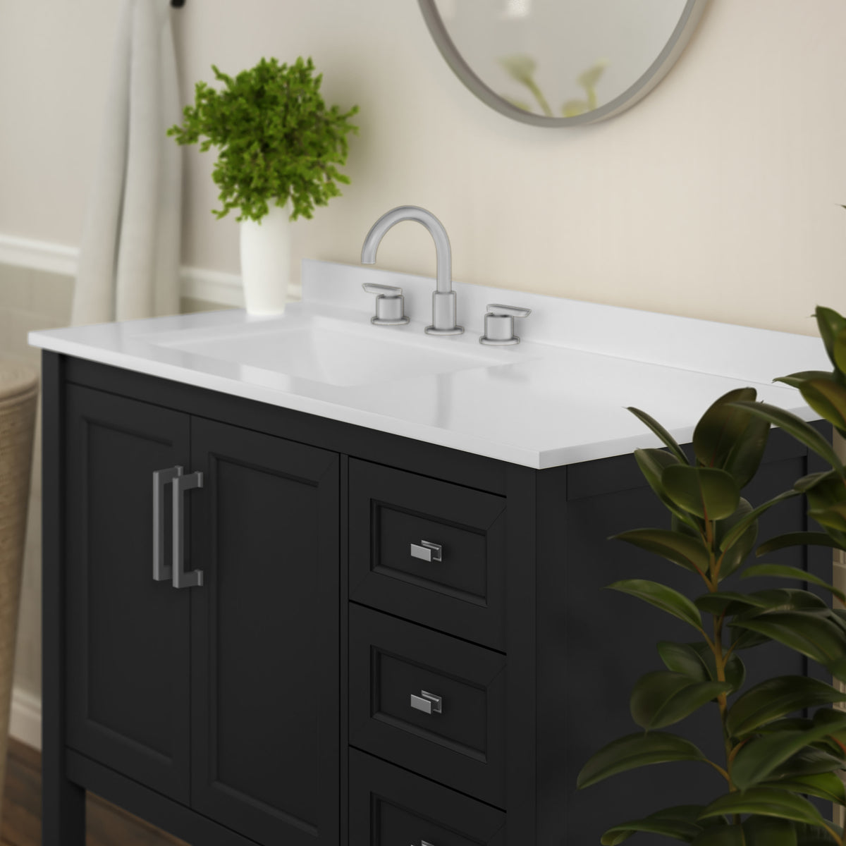 Black Frame/Nickel Hardware,42" |#| 42 Inch Bathroom Vanity with Sink, Open Storage, and Storage Drawers in Black
