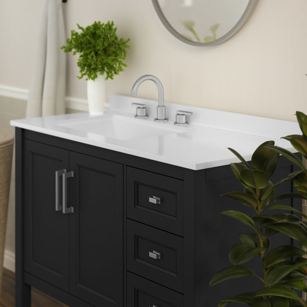 Black Frame/Nickel Hardware,42" |#| 42 Inch Bathroom Vanity with Sink, Open Storage, and Storage Drawers in Black