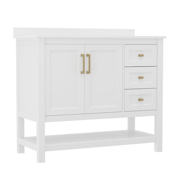 White Frame/Gold Hardware,42" |#| 42 Inch Bathroom Vanity with Sink, Open Storage, and Storage Drawers in Wht/Gold
