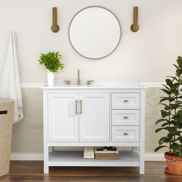 White Frame/Gold Hardware,42" |#| 42 Inch Bathroom Vanity with Sink, Open Storage, and Storage Drawers in Wht/Gold