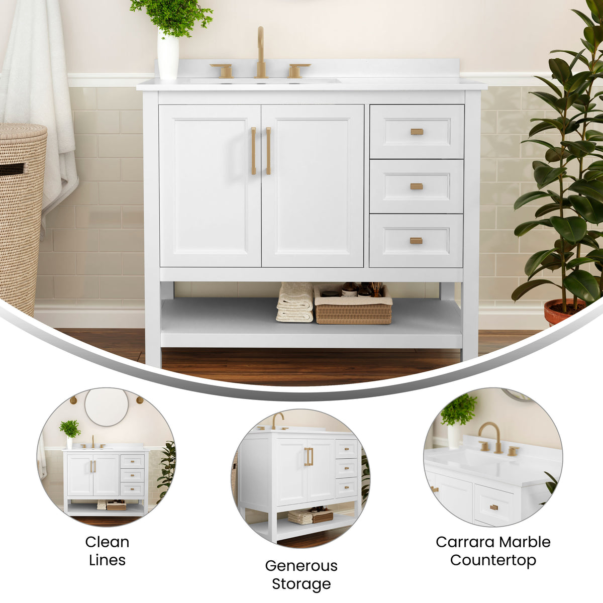 White Frame/Gold Hardware,42" |#| 42 Inch Bathroom Vanity with Sink, Open Storage, and Storage Drawers in Wht/Gold